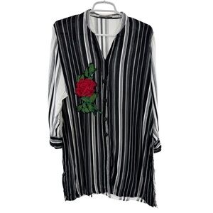 Embroidered tunic Black and White Striped Blouse Red rose Accent button up